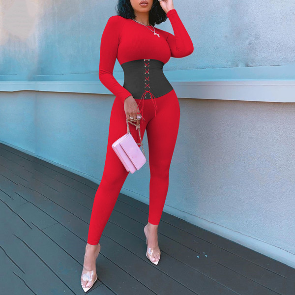 Rushlover Round Collar Red Full Length Jumpsuit