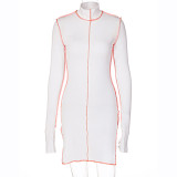 Rushlover White High Neck Mini Dress Line Stitching Trend