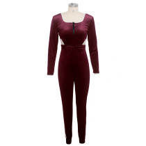 Rushlover Wine Red Waist Tie Jumpsuit Hollow Out Zipper