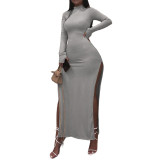 Rushlover Gray Full Sleeve Maxi Dress Solid Color