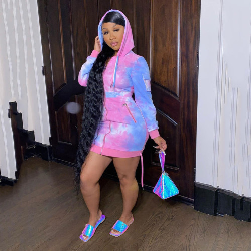 Rushlover Tie-Dyed Hooded Neck Mini Dress Vacation Time