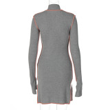 Rushlover Gray Line Stitching High Neck Mini Dress