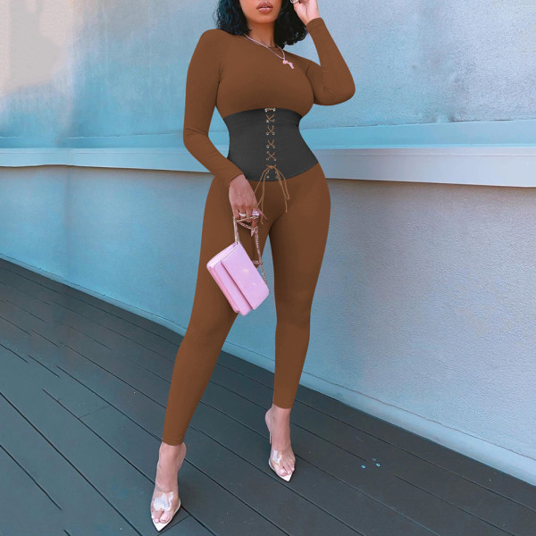 Rushlover Brown Jumpsuit Ankle Length Fitted Waist Tie