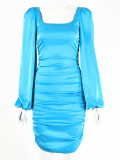 Rushlover Blue Long Sleeve Ruched Bodycon Dress Backless