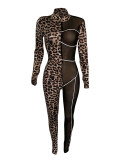 Rushlover Patchwork Mesh Leopard Pattern Jumpsuit