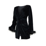 Rushlover Black Mini Dress Velvet Deep-V Neck Slit