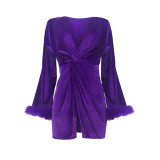 Rushlover Purple Plunge Collar Solid Color Mini Dress