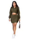 Rushlover Army Green Plush Skirt Set Bishop Sleeve Zipper