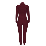 Rushlover Wine Red Drawstring Waist High Neck Two Piece Outfit