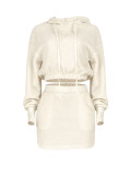 Rushlover Off-White Solid Color Hooded Neck Skirt Set Fashion