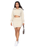 Rushlover Off-White Solid Color Hooded Neck Skirt Set Fashion