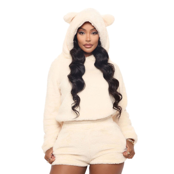 Rushlover Creamy-White Hooded Neck Ear Shorts Two Piece Outfit