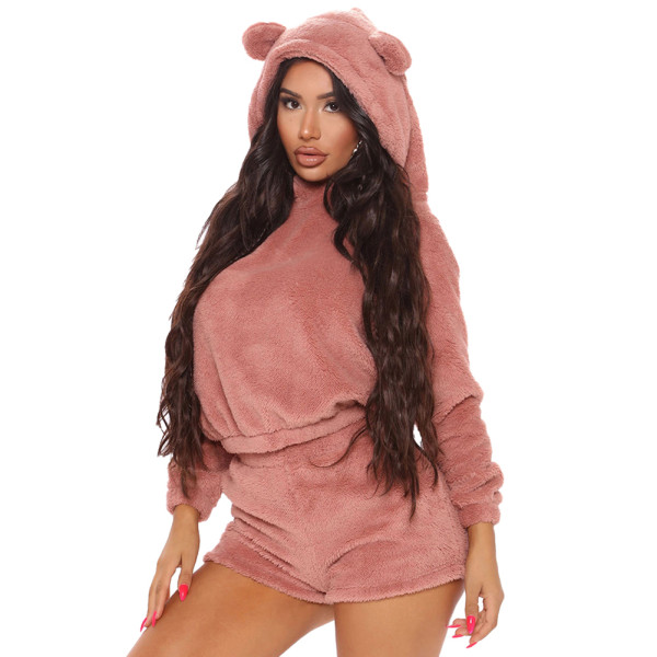 Rushlover Pink Velvet Hood Two Piece Outfit With Ears