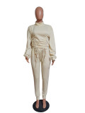 Rushlover Beige Drawstring Lantern Sleeve Two Piece Outfit