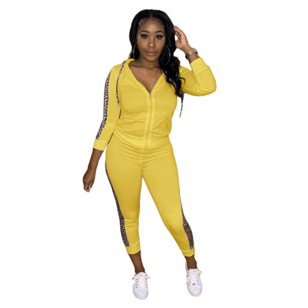Rushlover Yellow Hooded Leopard Splice Two Piece Outfit