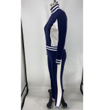 Rushlover Navy Blue Stripe Print Zipper Patchwork Women Suit