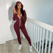 Rushlover Wine Red High Waist Hooded Neck Two-Piece Outfit