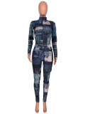 Rushlover High Collar Jean-Like Print Women Suit Great Quality