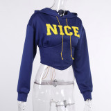 Rushlover Blue Top Street Sports Casual Belted Printed Lace-up Hooded Sweater