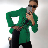 Rushlover Green Lapel Neck Drawstring Lace-Up Suit Jacket