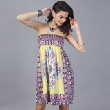 Rushlover Yellow Tribal Pattern Mini Dress Lightly Waist Slim For Women