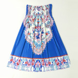 Rushlover Blue Waist-Defined Folk Midi Dress Milk Silk Ice Silk Dress For Women