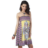 Rushlover Yellow Tribal Pattern Mini Dress Lightly Waist For Women