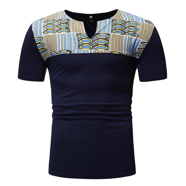 Rushlover Navy Blue Crew Neck Short Sleeve African Print Male T-Shirt