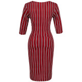 Rushlover Wine Red Wrap V Neck Stripe Printed Midi Dress