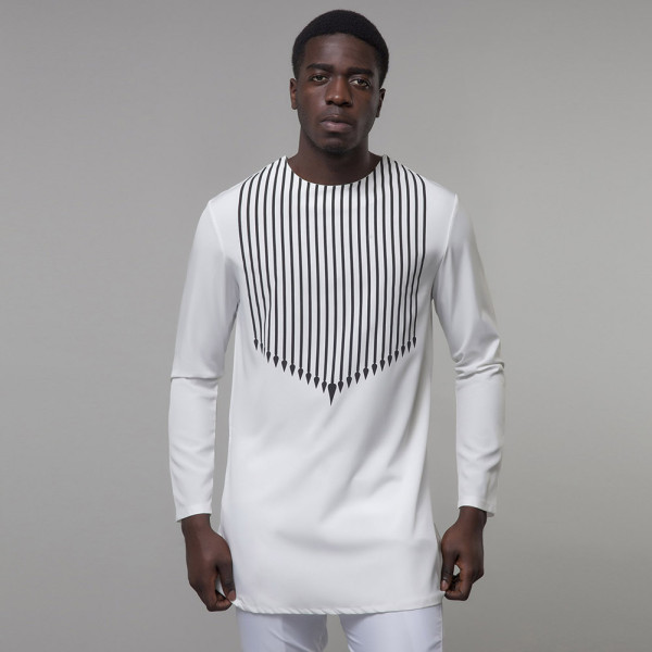 Rushlover White African line print round neck long sleeve pullover T-shirt