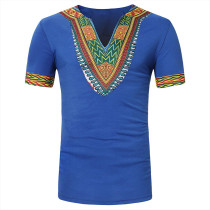 Rushlover Blue V Collar African Pattern Short Sleeve Relax Fit For Men