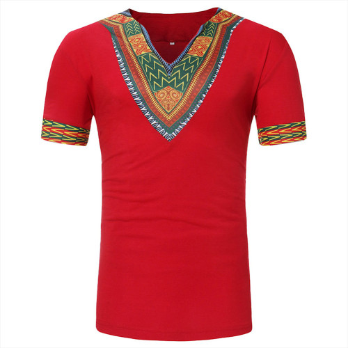 Rushlover Red V Neck Short Sleeve African Print Male T-Shirt For Men