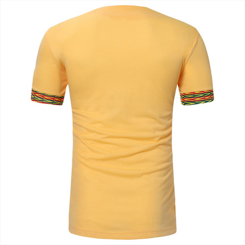 Rushlover Yellow African Ethnic Print T-Shirt V Collar Elasticity Comfortable For Men