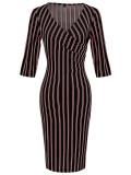 Rushlover Black Stripe Print Half Sleeves Midi Dress