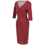 Rushlover Wine Red Wrap V Neck Stripe Printed Midi Dress