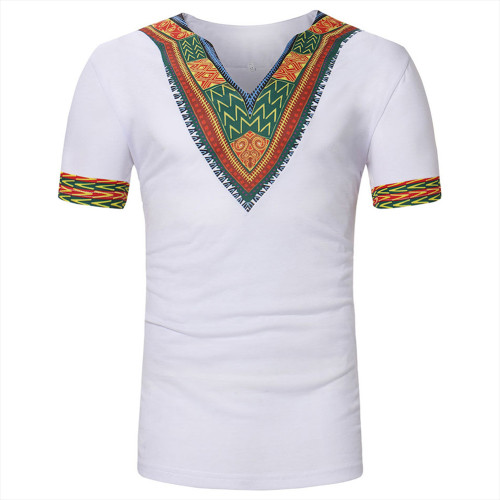 Rushlover White V Neck Ethnic Print Short Sleeve Bottoming T-shirt