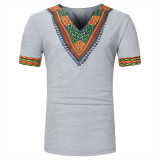 Rushlover Grey V Neck Ethnic Print T-Shirt Short Sleeve Loose For Men