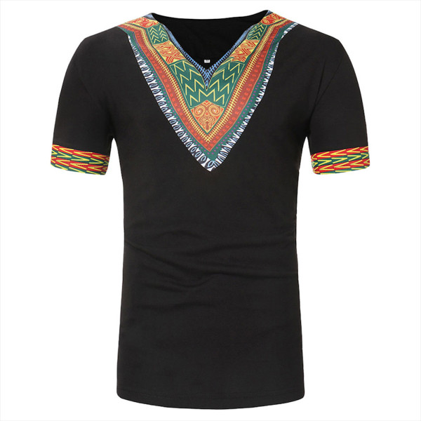 Rushlover Black V Collar Ethnic Print Short Sleeve Comfort Fabric For Men