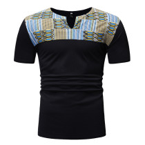 Rushlover Black Print Ethnic style stitching long-sleeved Round Neck T-Shirt
