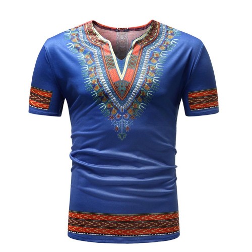 Rushlover Blue Vogue Tribal Print V Neck Short Sleeve T-Shirt Men