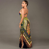 Rushlover Yellow Open Back Ethnic Print Side Slit Maxi Dress Suitable Female