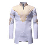 Rushlover White Long-sleeve Stand-up Shirt With Collar And Bronzing Print