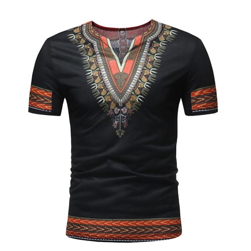 Rushlover Black African ethnic print short-sleeved small V-neck T-shirt All-Match Fashion