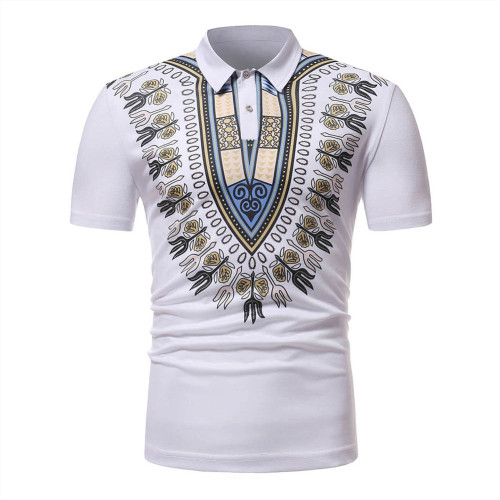 Rushlover White Polo Collar Dashiki Shirt Short Sleeve Comfortable Frabic