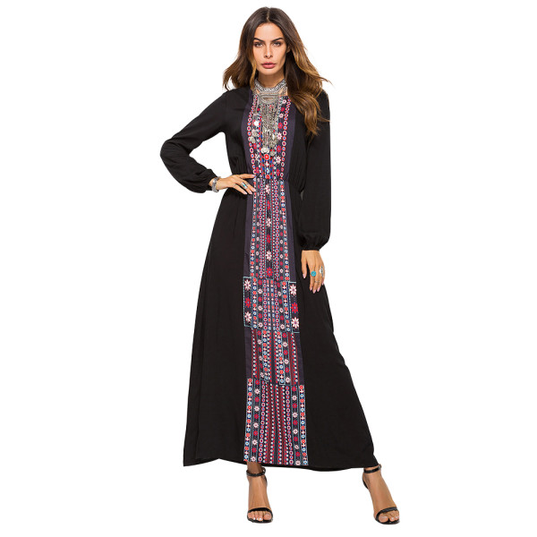 Rushlover Black Round Neck Long Sleeves Closed Ethnic Print Dress