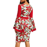 Rushlover African Style Print Long Sleeve Dress Round Neck Lotus Sleeve Pencil Skirt