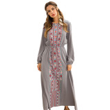 Rushlover Gray Long Sleeves Ethnic Print Maxi Dress Elastic To Tighten The Waist