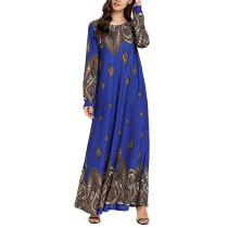 Rushlover Blue Stamping Thin Long Sleeve Round Neck Muslim Casual Long Skirt