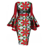 Rushlover African Style Print Long Sleeve Dress Round Neck Lotus Sleeve Pencil Skirt