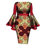 Rushlover Floral Print Fitted Mid Calf Dress Round Neck Lotus Sleeve Pencil Skirt